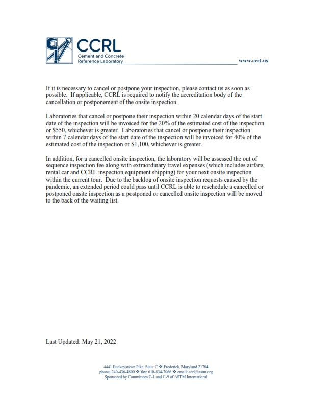 CCRL Inspection Cancellation Policy