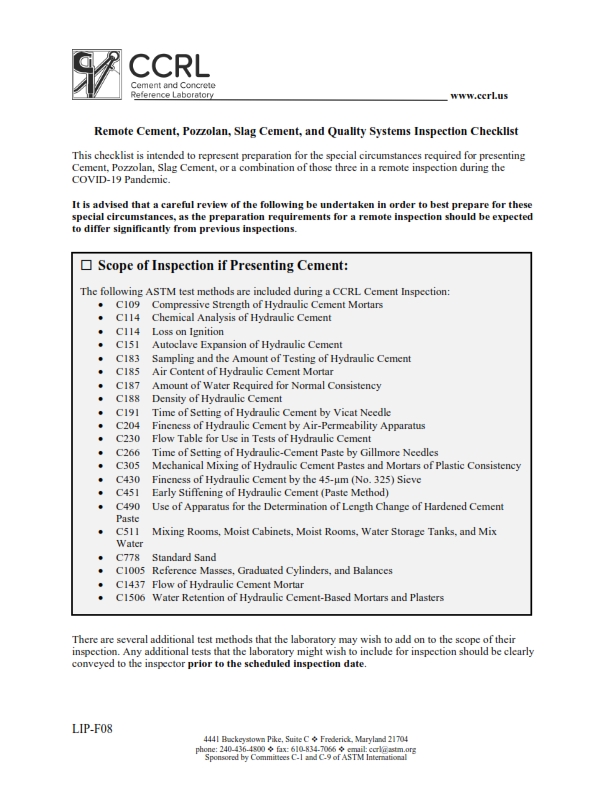 Checklist for Remote Cement, Pozzolan, or Slag Inspection